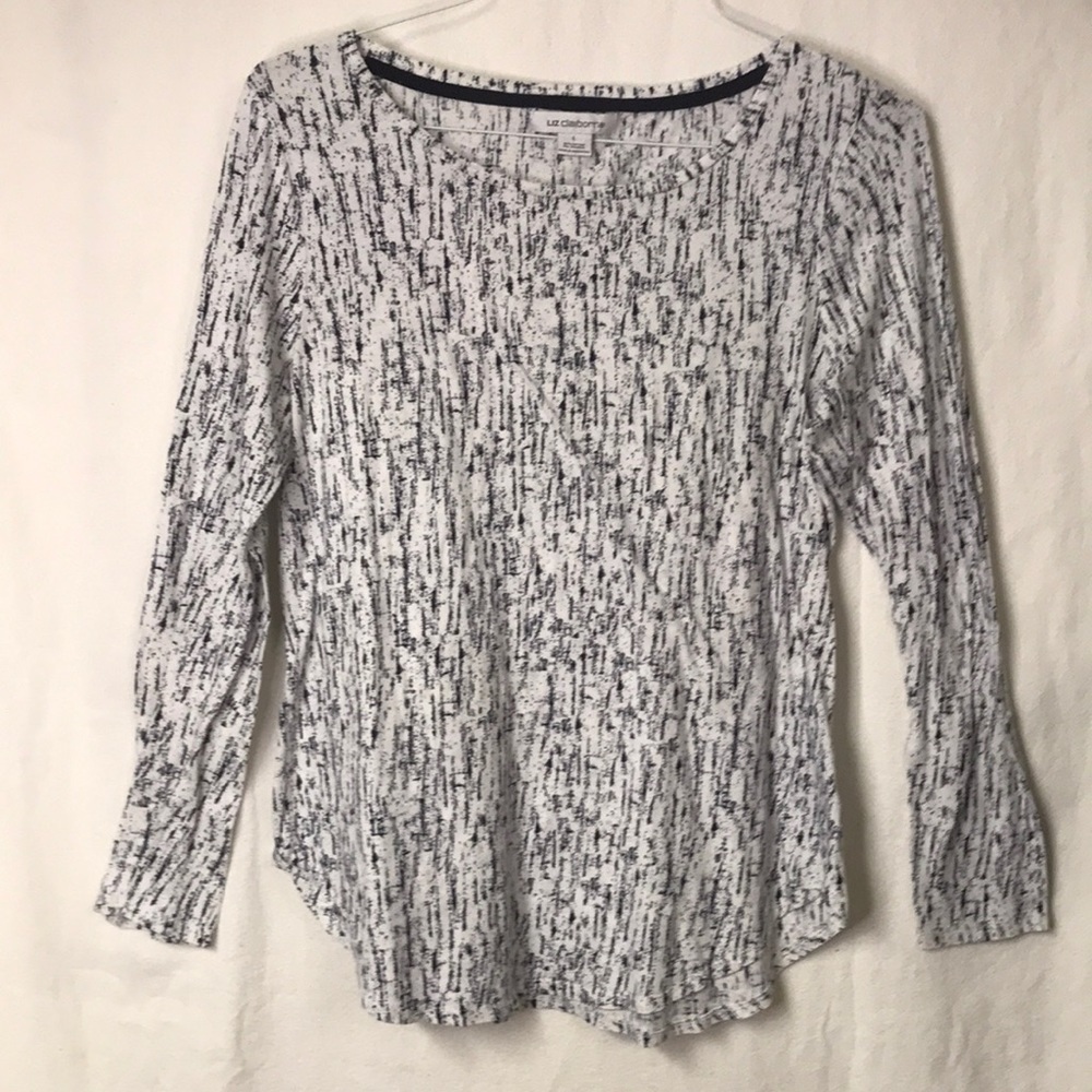 LIZ Claiborne Women’s Pullover Long sleeve Tee White with Navy Blue Soft…
